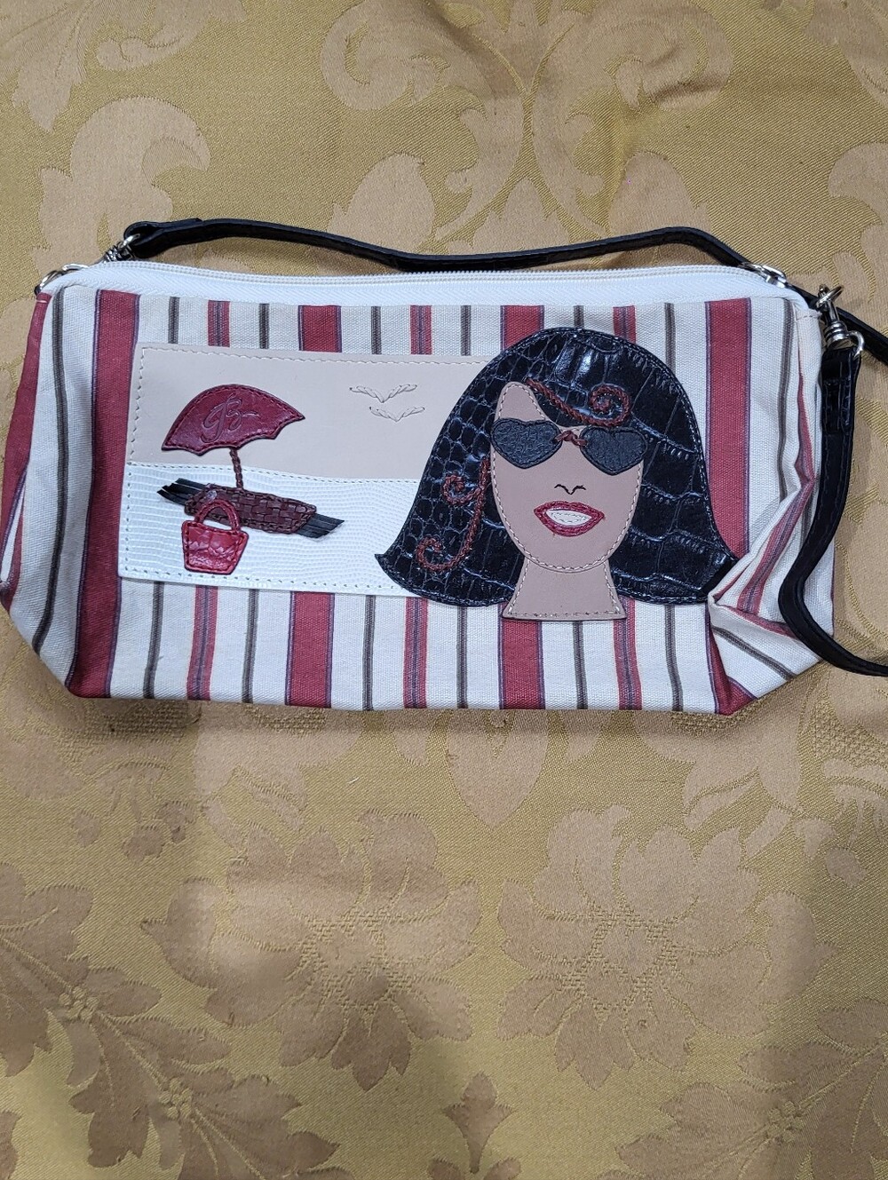 Brighton Beach Scene Striped Wristlet Clutch with Faux Leather Appliqué